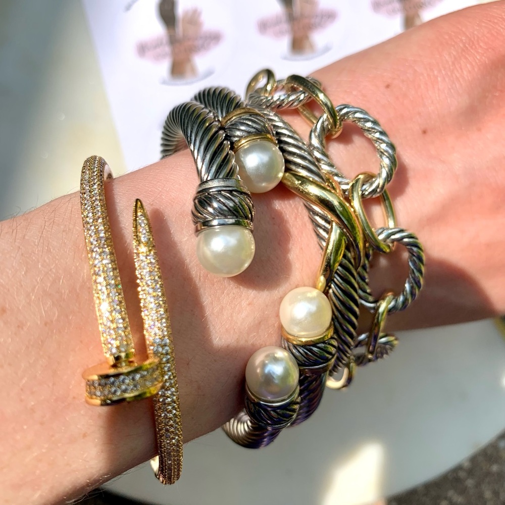 Silver Pearl Cable Bracelet Bangle Adjustable